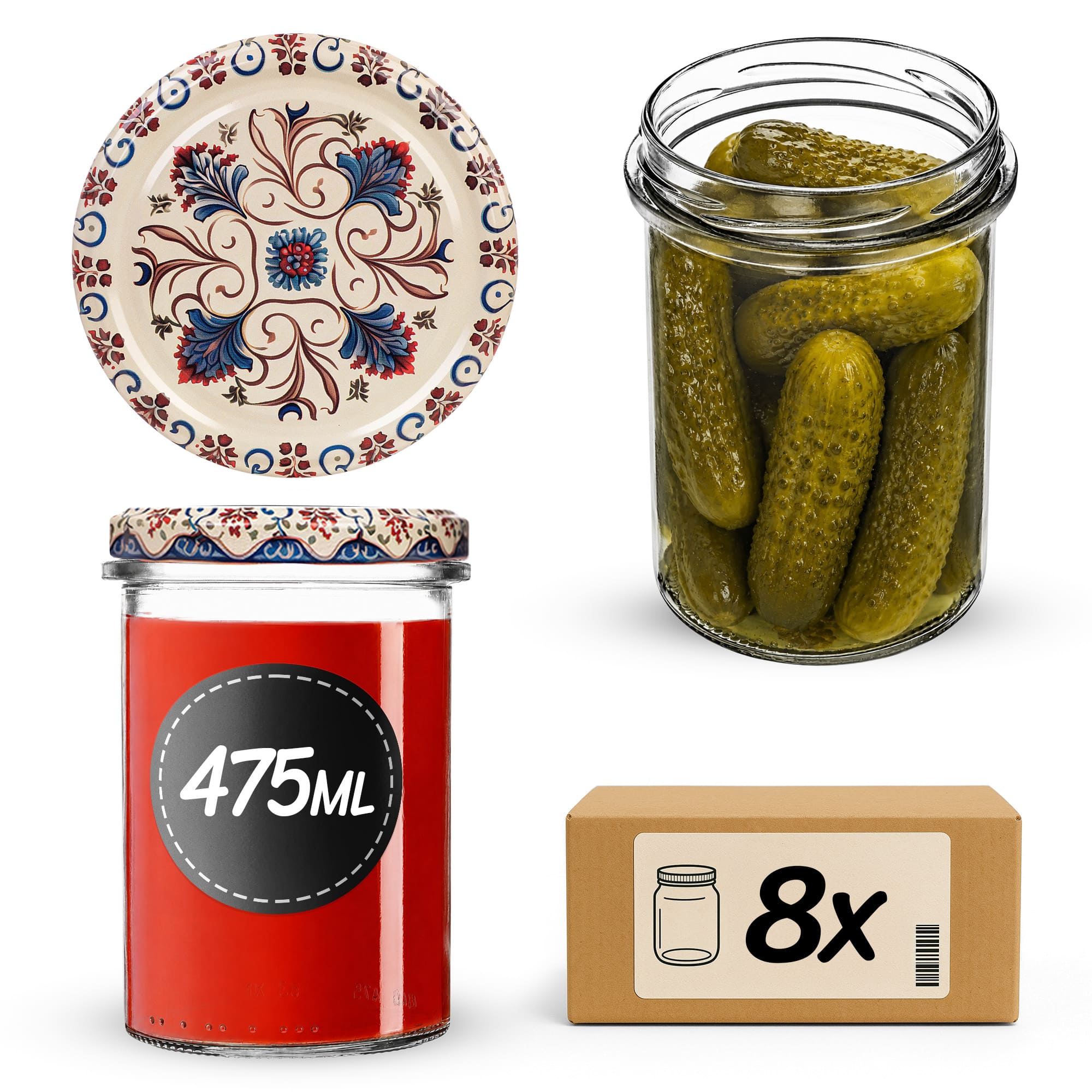 Słoiki na przetwory Befa 475ml 8szt fi 82 mm + wieczka "Niebiesko-czerwone kwiaty"