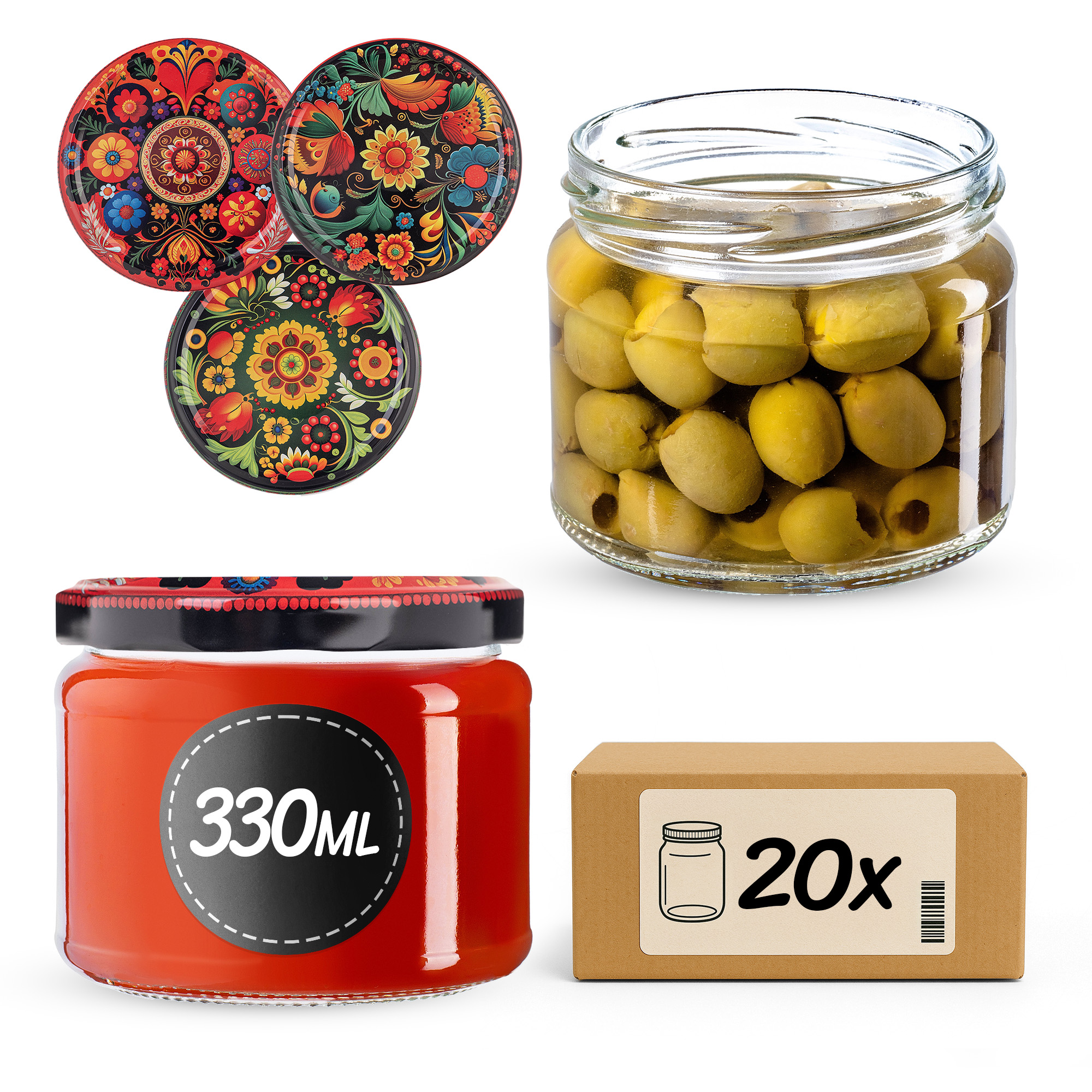 Słoiki na przetwory Sonka 330ml fi 82 mm 20szt + wieczko Haftowanka