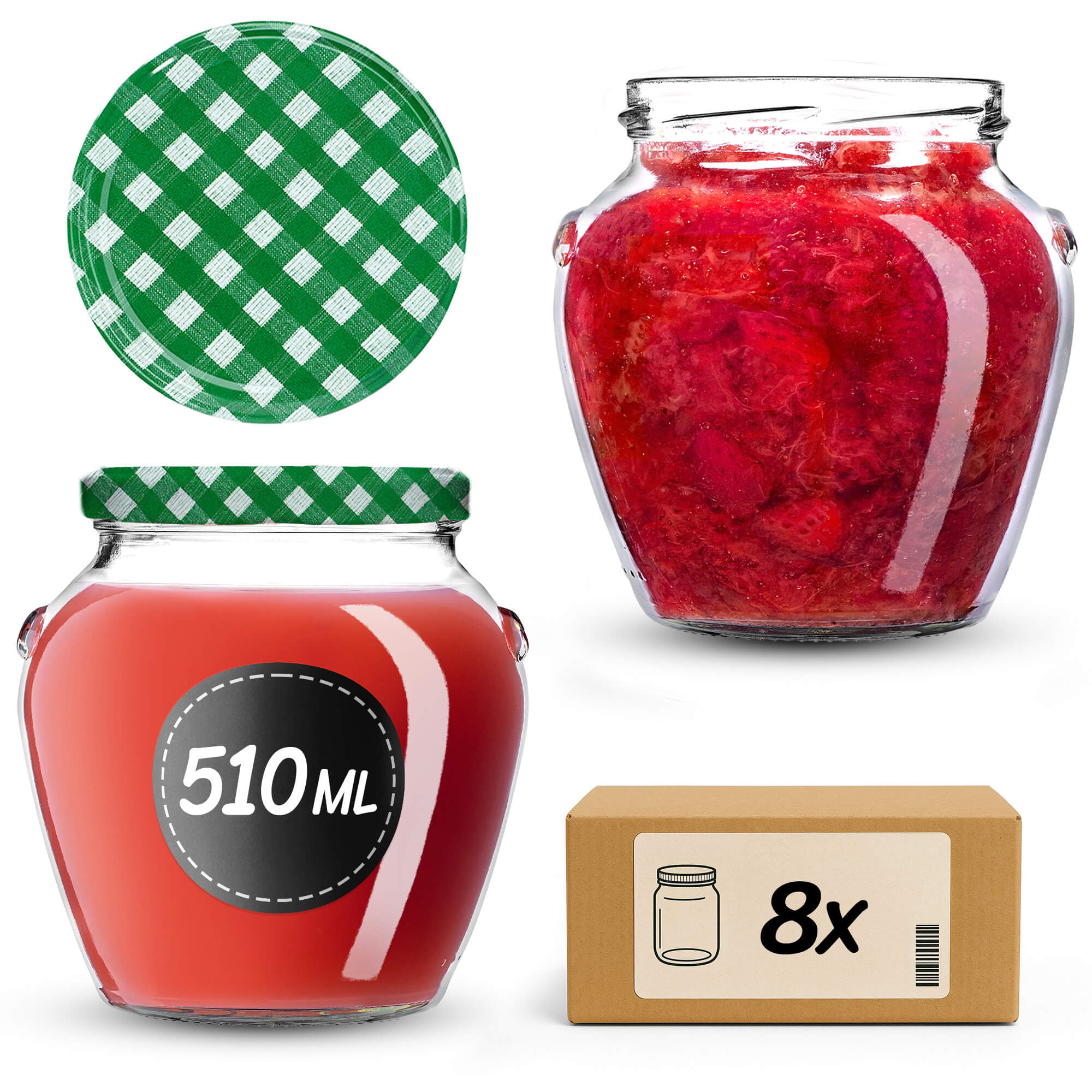 Słoiki na przetwory Sassa 580ml 8szt fi 82 mm + wieczka "Zielona krata"