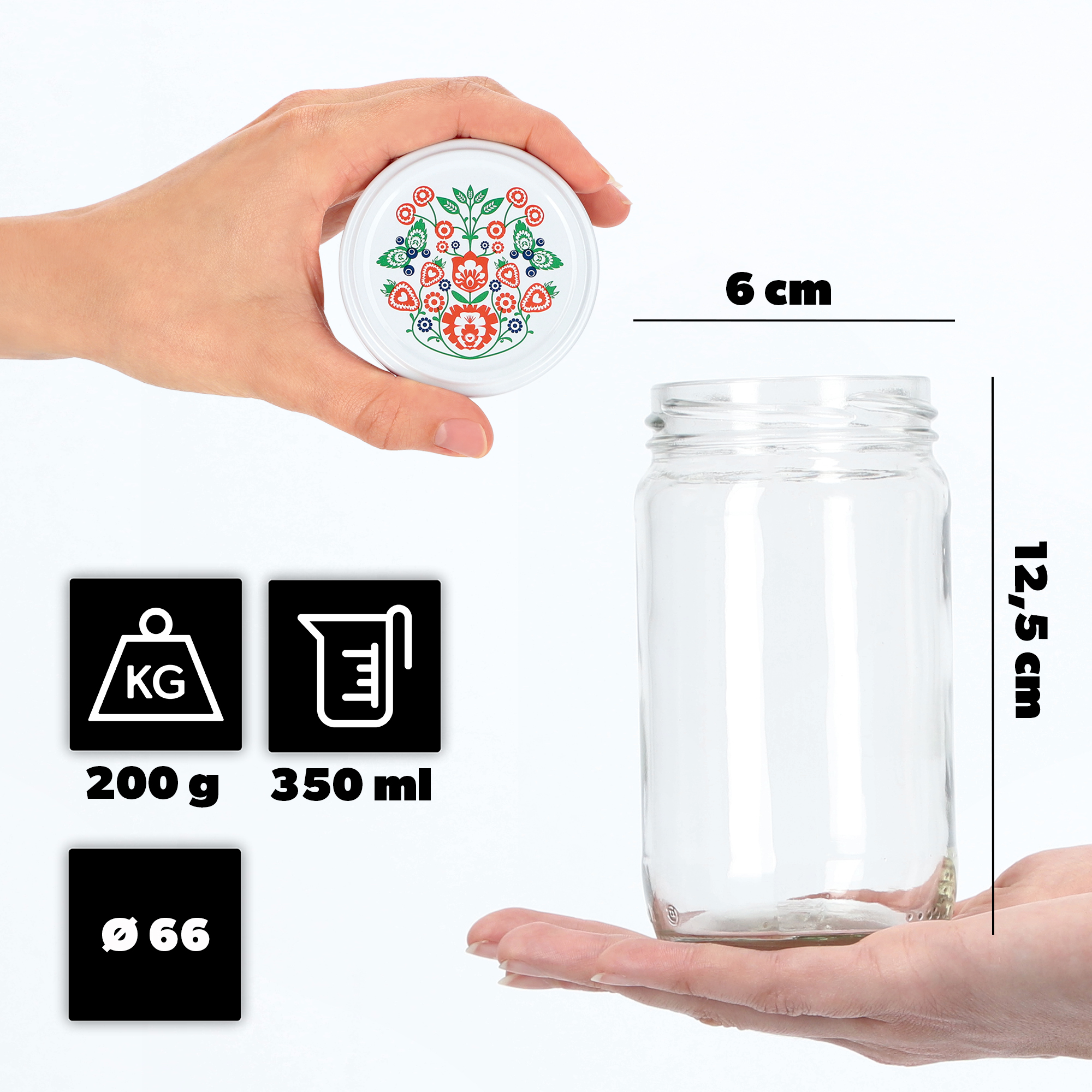 Słoiki na przetwory Gera 350ml fi 66 mm 10szt + wieczka "Folklor"
