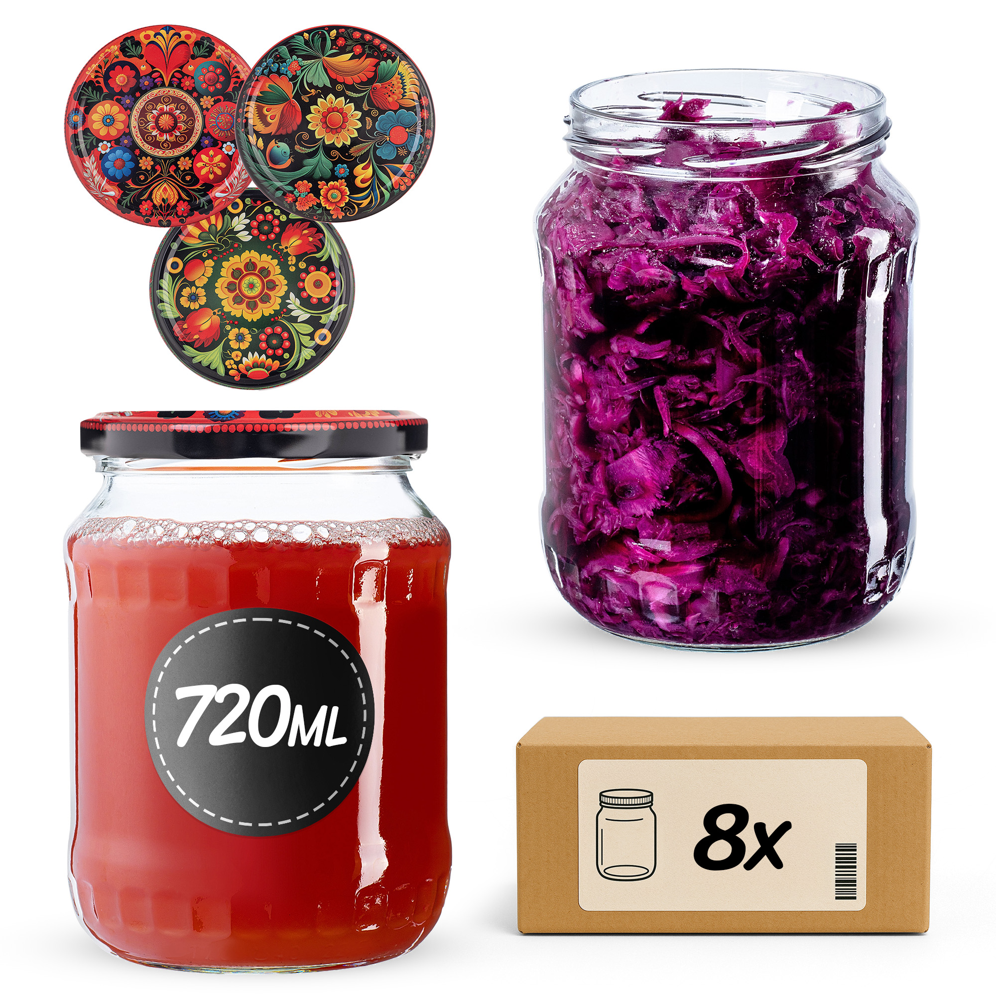 Słoiki na przetwory Jukka 720ml fi 82 mm 8szt + wieczko Haftowanka