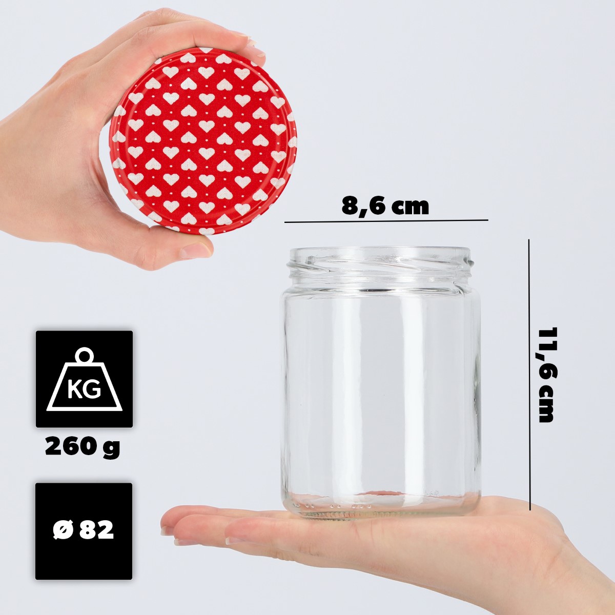 Słoiki na przetwory Maki 540ml 16szt fi 82 mm + wieczka "Serca"