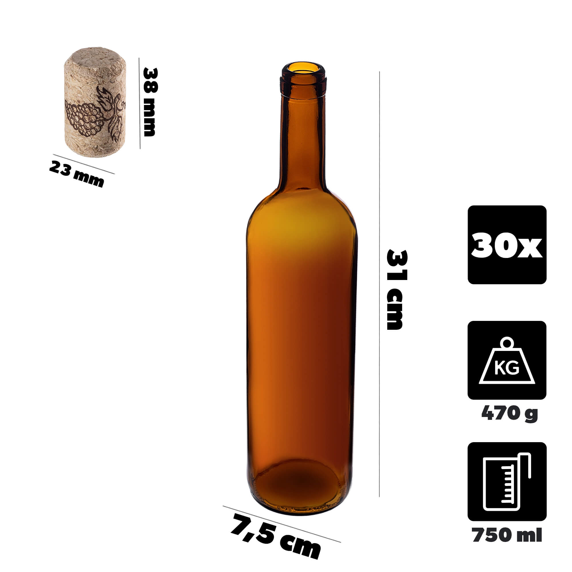 Butelka na wino Biagio 750ml brązowa z korkiem aglomerowanym 30 szt.