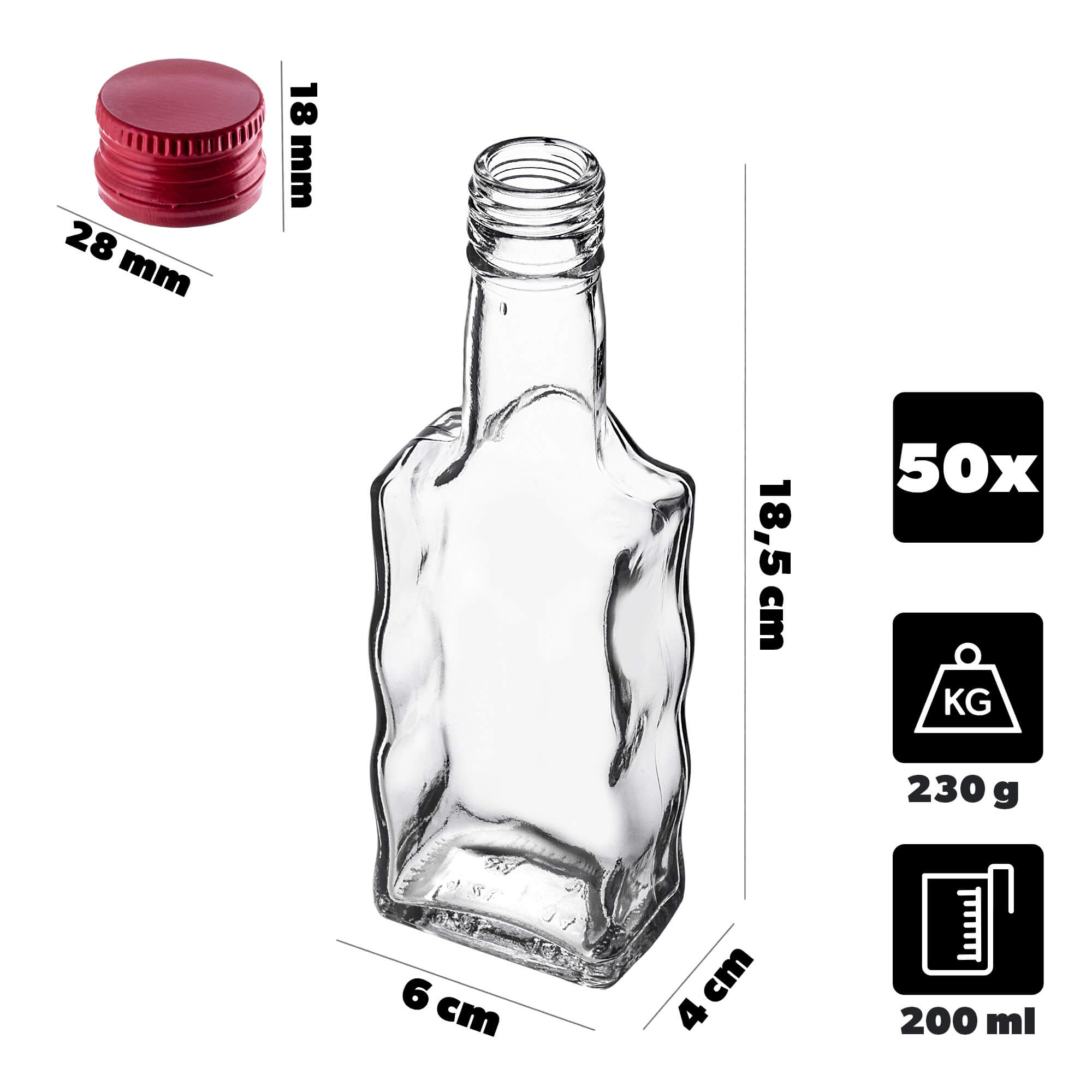 Szklana butelka na nalewkę Fala 200ml z czerwoną zakrętką 50 szt.