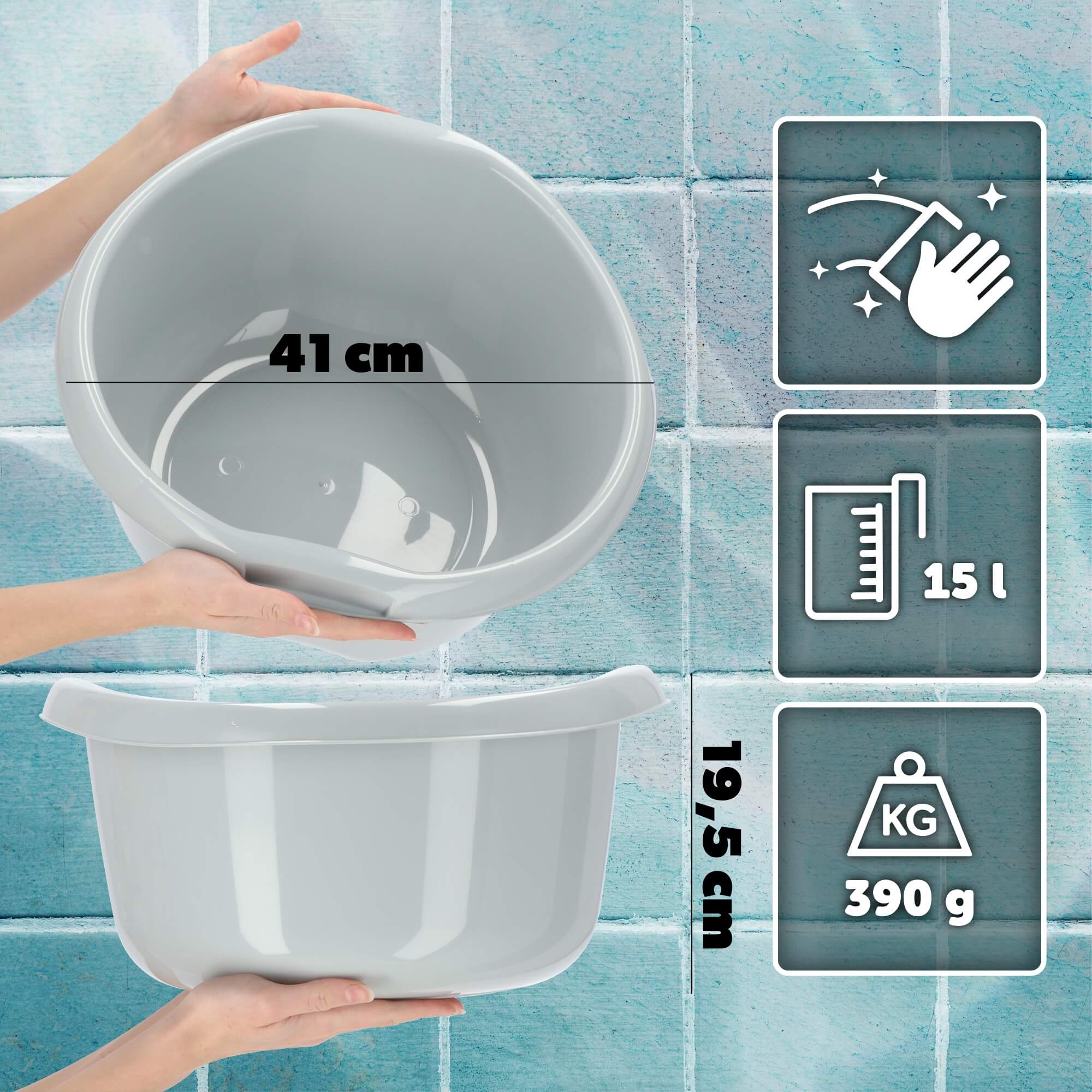 Miednica plastikowa z uchwytami 15L, szara