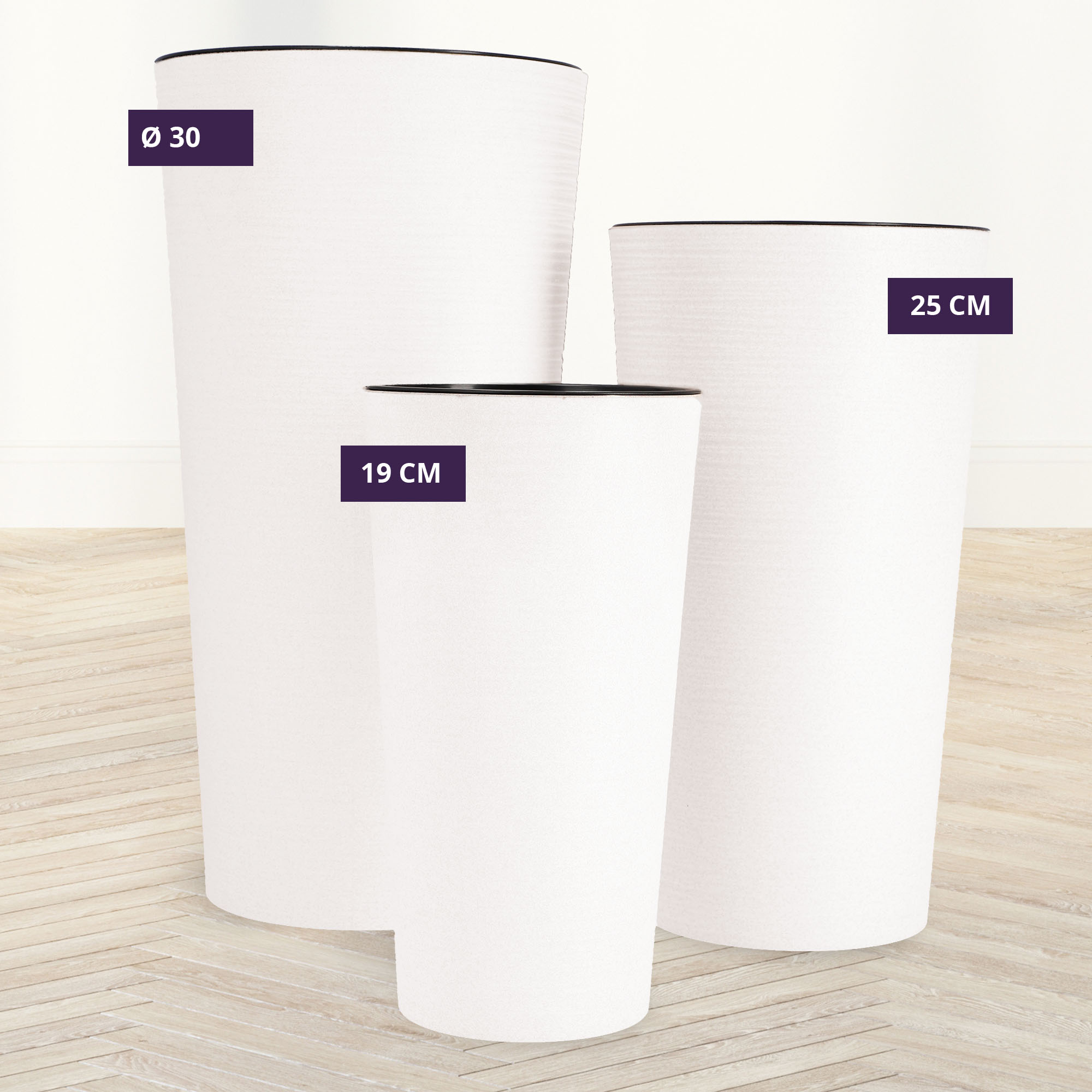 Donice na kwiaty z wkładem dłuto 19 cm + 25 cm +30 cm, białe