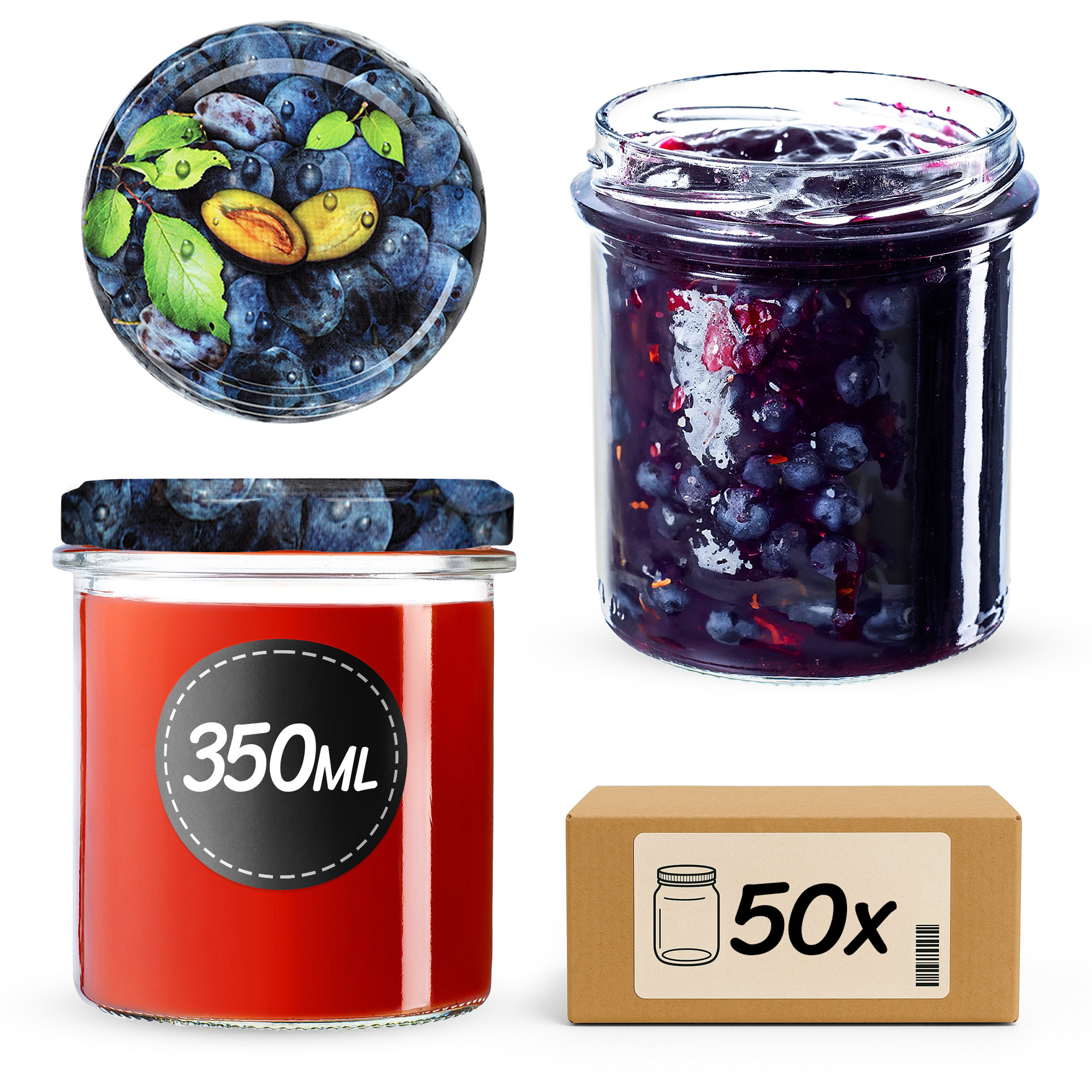 Słoiki na przetwory Avila 350ml 50szt fi 82 mm + wieczka "Śliwki"