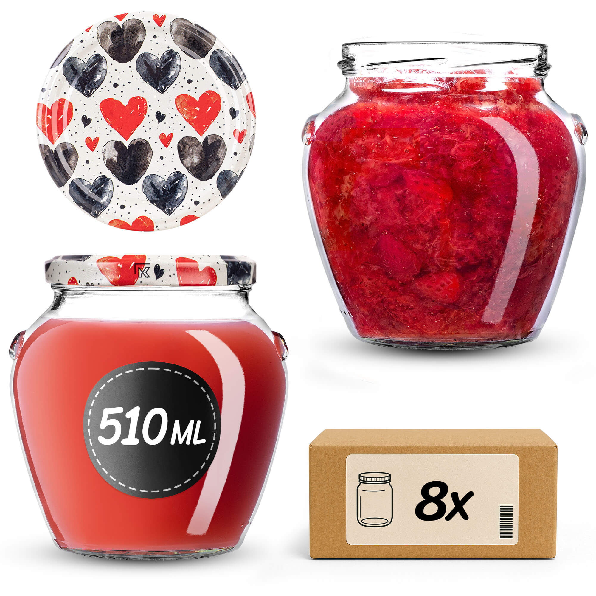 Słoiki na przetwory Sassa 580ml 8szt fi 82 mm + wieczka "Czarno-czerwone serca"