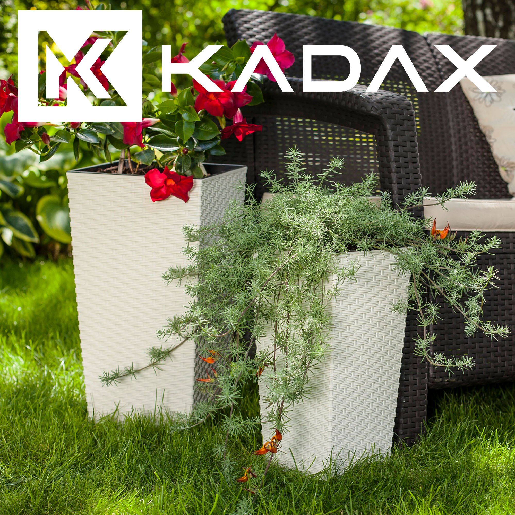 Donice na kwiaty z wkładem Pesaro rattan 25 cm + 30 cm + 35 cm, kremowe