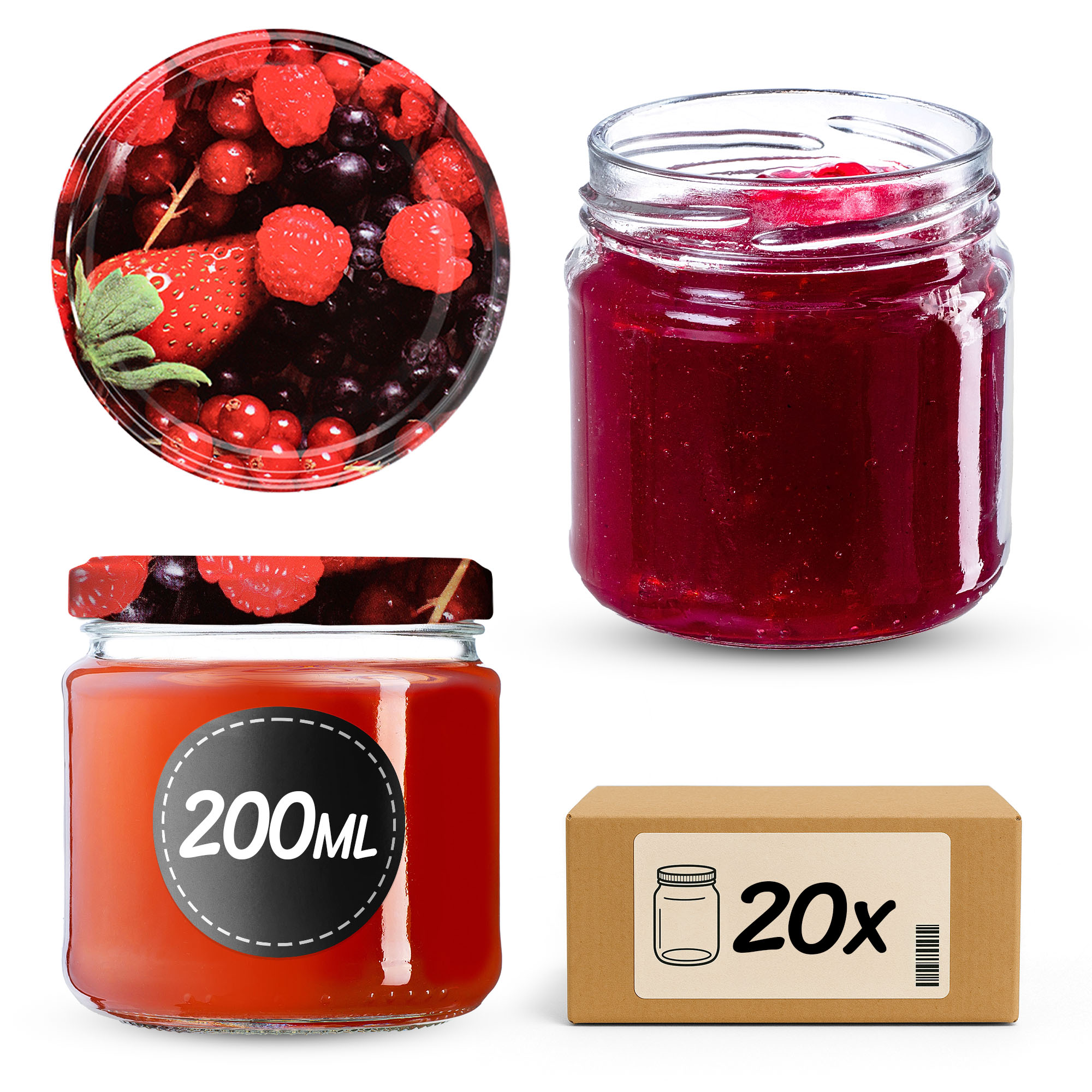Słoiki na przetwory Lerma 200ml 20szt fi 66 mm + wieczka "Owoce leśne"