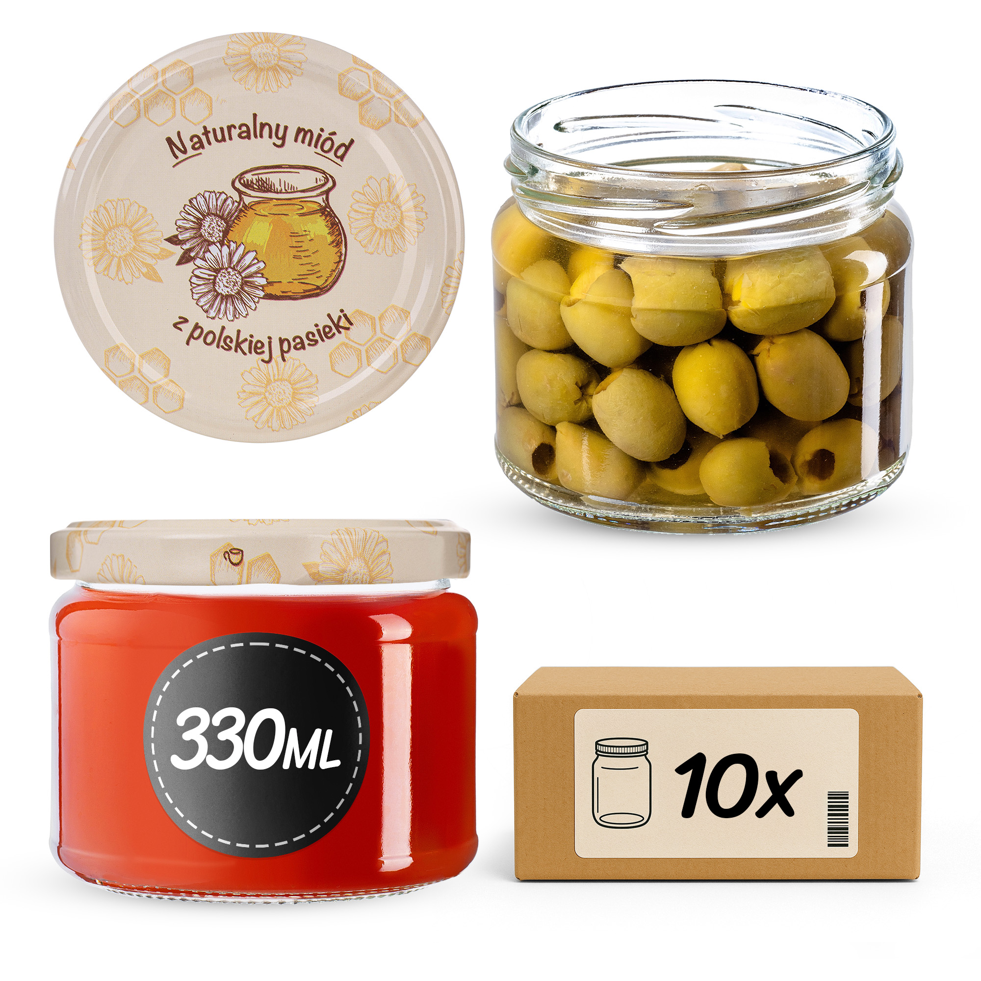 Słoiki na przetwory Sonka 330ml fi 82 mm 10szt + wieczko Miód z pasieki
