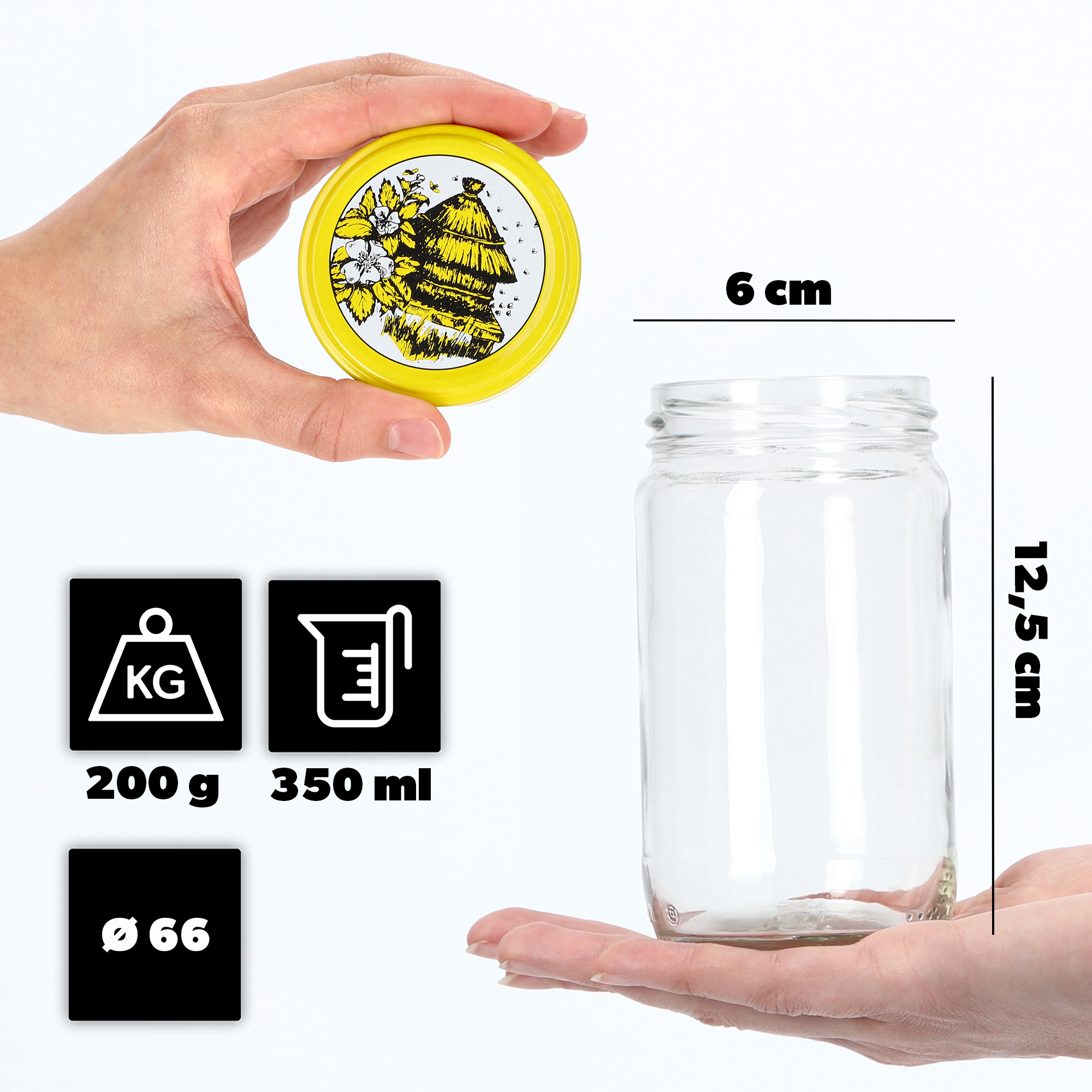 Słoiki na przetwory Gera 350ml fi 66 mm 50szt + wieczka "Pszczoły"