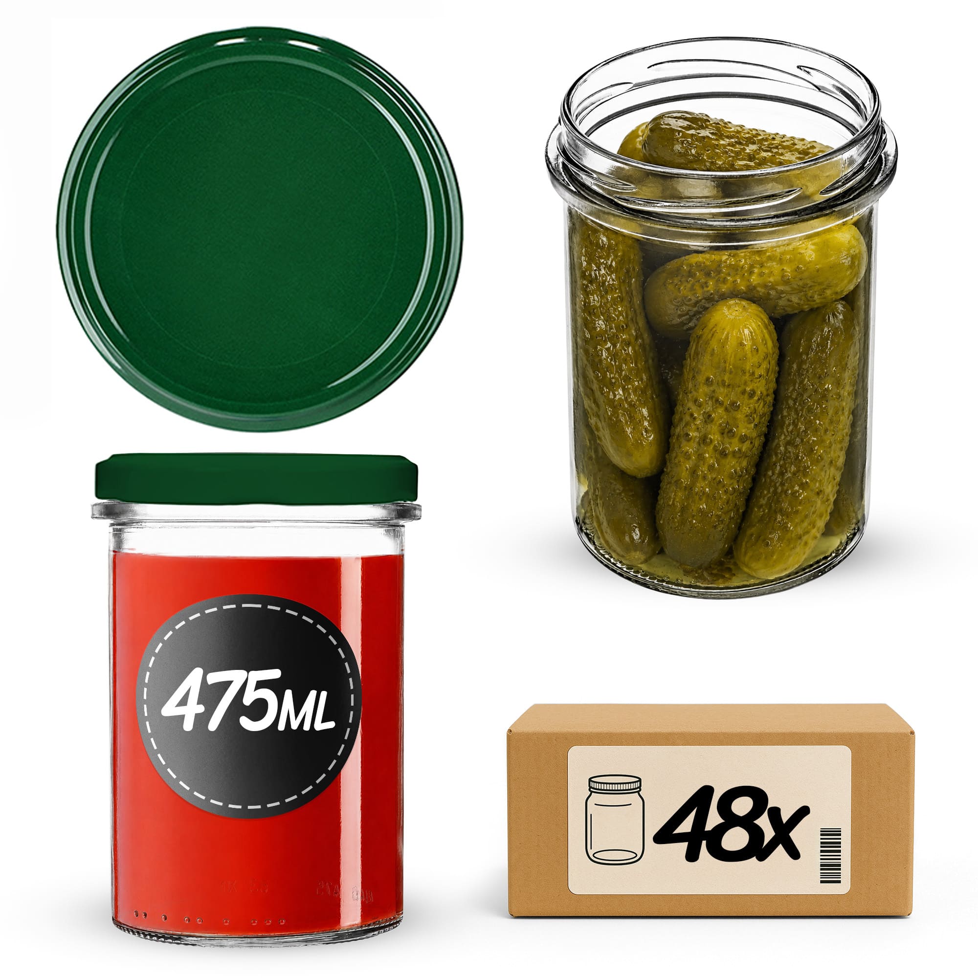 Słoiki na przetwory Befa 475ml 48szt fi 82 mm + wieczka zielone